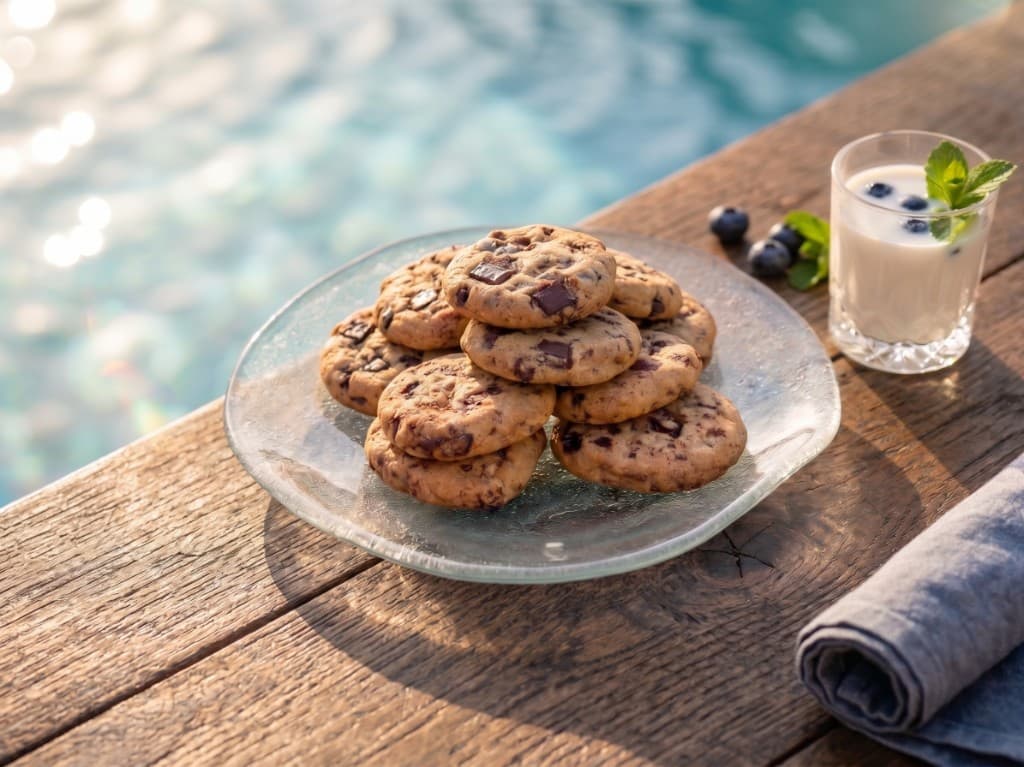 Cookies artisanaux au chocolat présentés au bord d'une piscine à Mayotte, lumière dorée